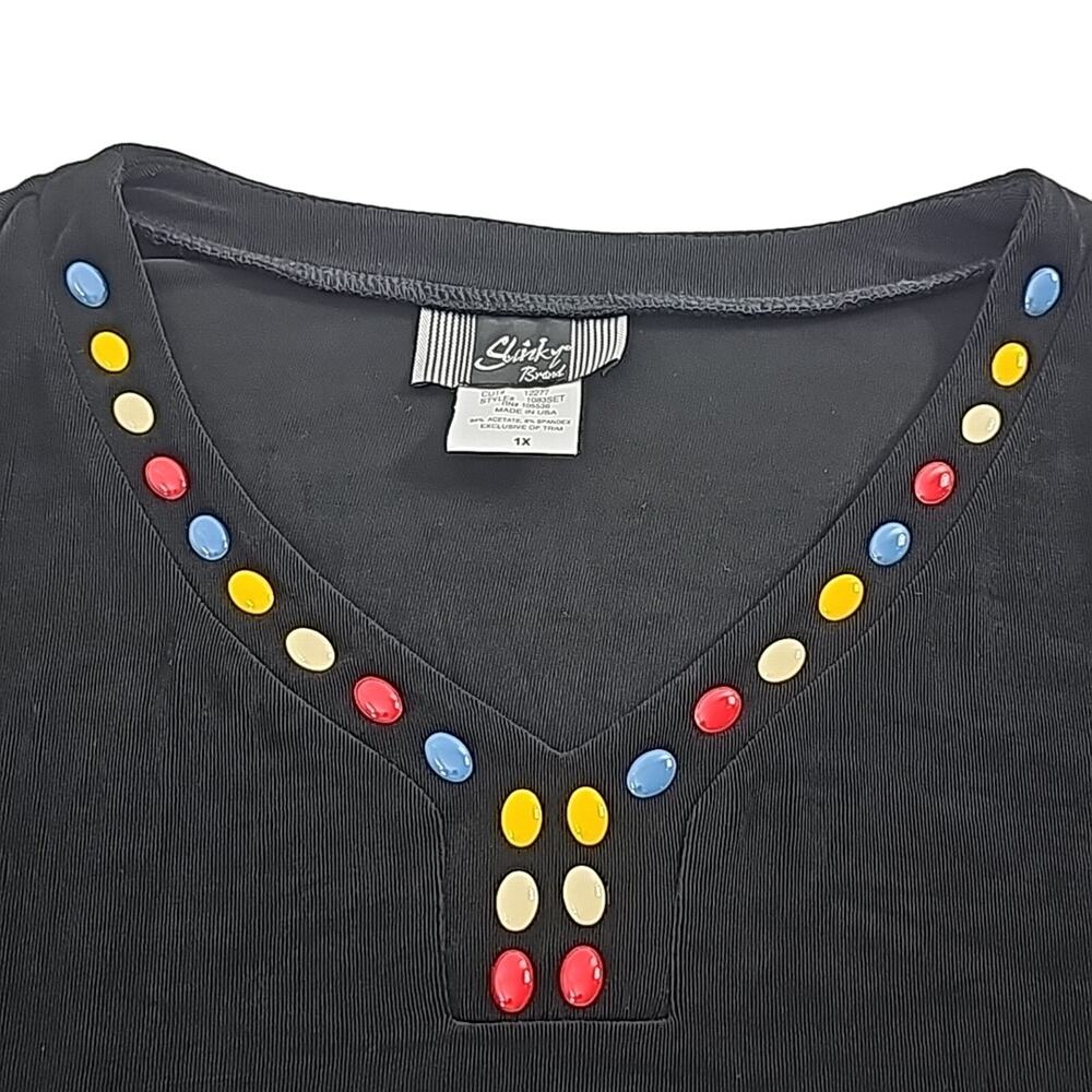 Womens Sz 1X Black Slinky Brand Stretch Colorful Beaded V-neck Made in USA Top - Picture 4 of 11